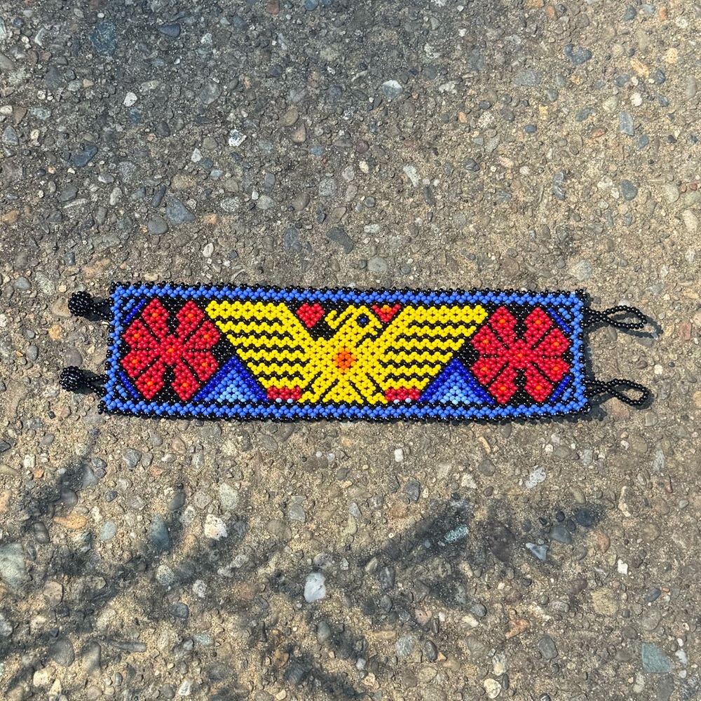 Vintage Beaded Western Bracelet with Yellow Eagle & Flowers